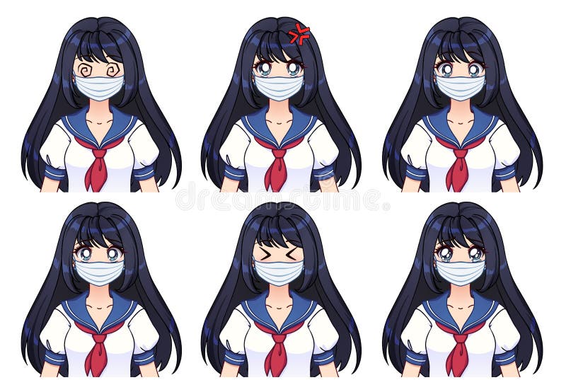 Set of Anime Expressions. Cute Girl with Long Black Hair Wearing Medical Mask Stock Vector - Illustration of coronavirus, kawaii: 190331819 Set of Anime Expressions. Cute Girl with Long Black Hair Wearing Medical Mask Stock Vector - Illustration of coronavirus, kawaii: 190331819