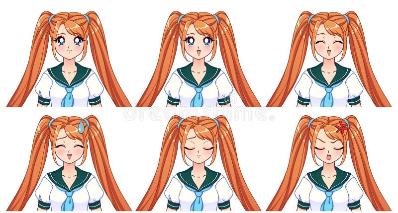 A Set Of Cute Anime Girl With Different Expressions Stock