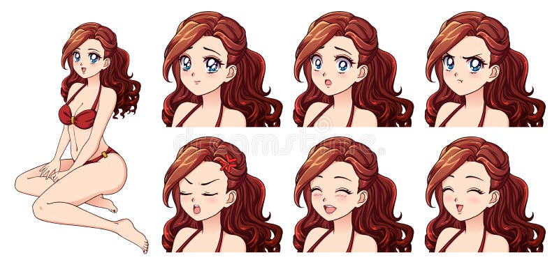 Set of Anime Expressions. Hand Drawn Cute Girl with Curly Brown Hair and  Wearing Red Swimsuit Stock Vector - Illustration of anime, angry: 165015679