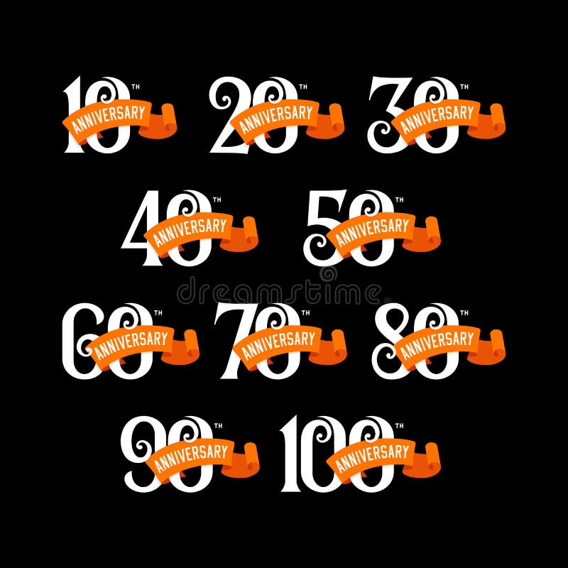 Set of anniversary emblems from 10 to 100. Numbers with ribons on black background. royalty free illustration Set of anniversary emblems from 10 to 100. Numbers with ribons on black background. royalty free illustration