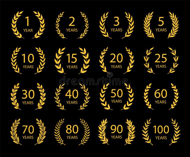 Set of anniversary laurel wreaths. Golden anniversary symbols on black background. 1,2,3,5,10,15,20,25, 30,40,50,60,70,80,90,100