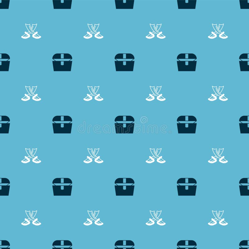 Set Antique Treasure Chest and Crossed Pirate Swords on Seamless Pattern. Vector Stock Vector