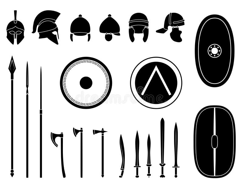 Set of ancient weapon and protective equipment. Spear, sword, gladius, shield, axe, helmet. Warrior outfit Vector illustration. Set of ancient weapon and protective equipment. Spear, sword, gladius, shield, axe, helmet. Warrior outfit Vector illustration