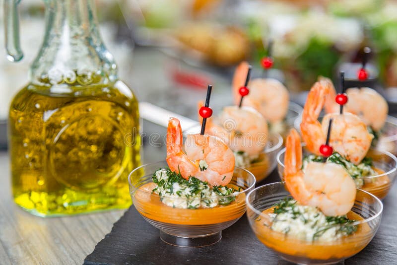 Set of Appetizers. Small Plates of Shrimp Salad Stock Image Image of