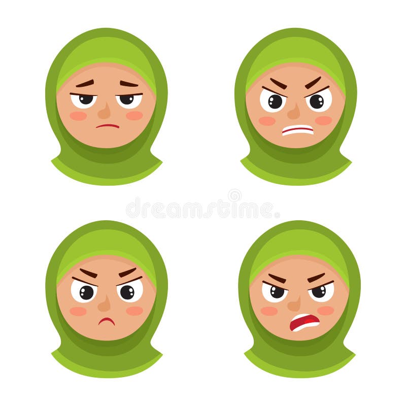 Set of arab girl with hijab angry face expression isolated on white stock illustration Set of arab girl with hijab angry face expression isolated on white stock illustration