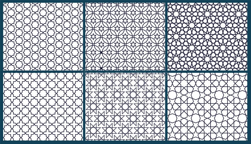 Set of 6 arabic patterns background. Geometric seamless muslim ornament backdrop. Vector illustration of islamic texture. Traditio