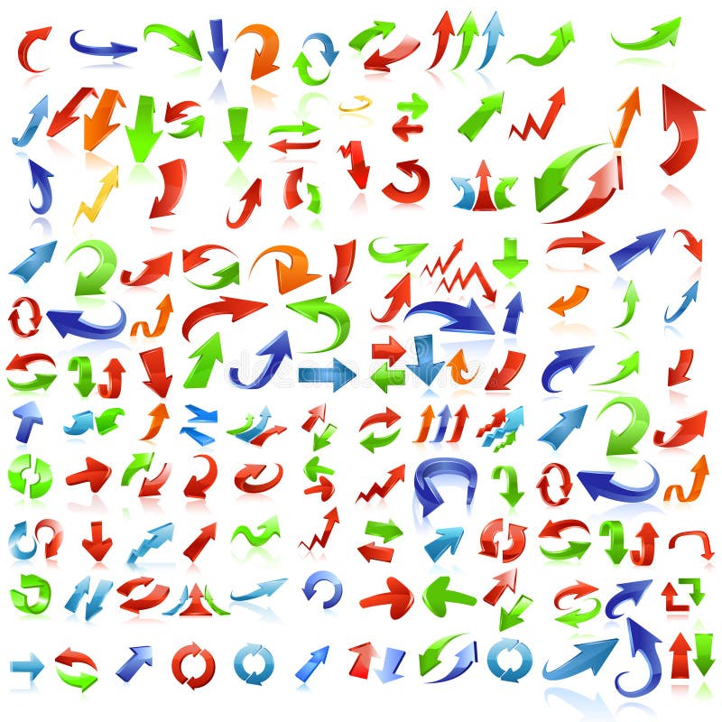 A large set of arrow illustrations in bright colors. Up down arrows isolated vectors