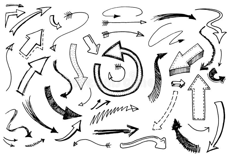 Set of arrow and pointer. Doodle style. Collection of icons and signs left right down up. Engraved hand drawn sketch royalty free illustration