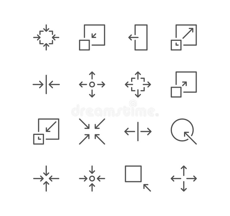 Set of arrow and technology icons, size, scale, decrease, edit, resize, line, view, reduce and linear variety vectors. Decrease icons set vectors