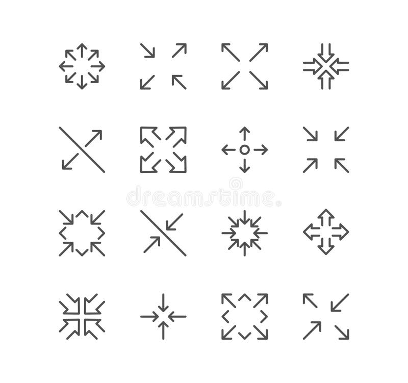 Set of arrow and technology icons, size, scale, decrease, edit, resize, line, view, reduce and linear variety vectors. Decrease image vectors
