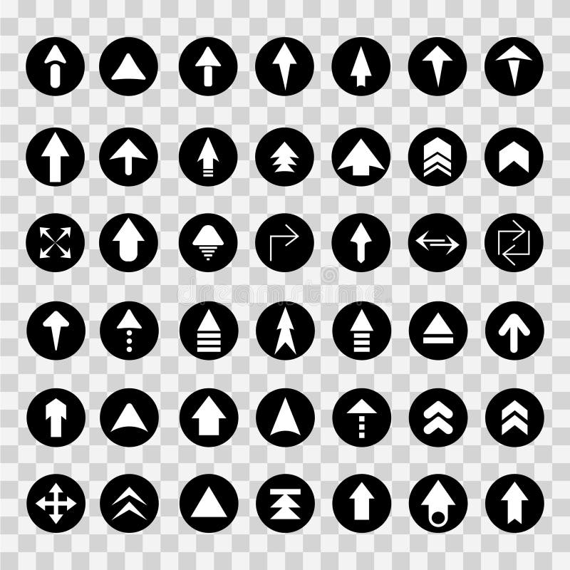 Set of arrows in black circles on transparent background, vector illustration. stock illustration