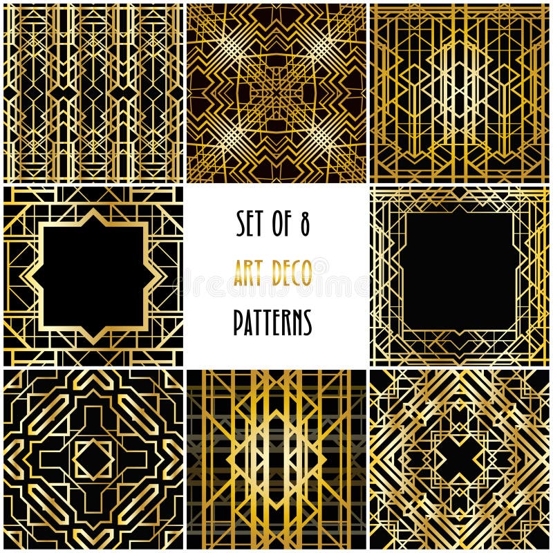 Set of 6 art deco geometric patterns, seamless wallpaper. And 2 frames. royalty free illustration