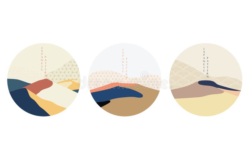 Set of art landscape elements logo design. Mountain forest colored forms and Japanese pattern vector. Abstract banners with geomet royalty free illustration