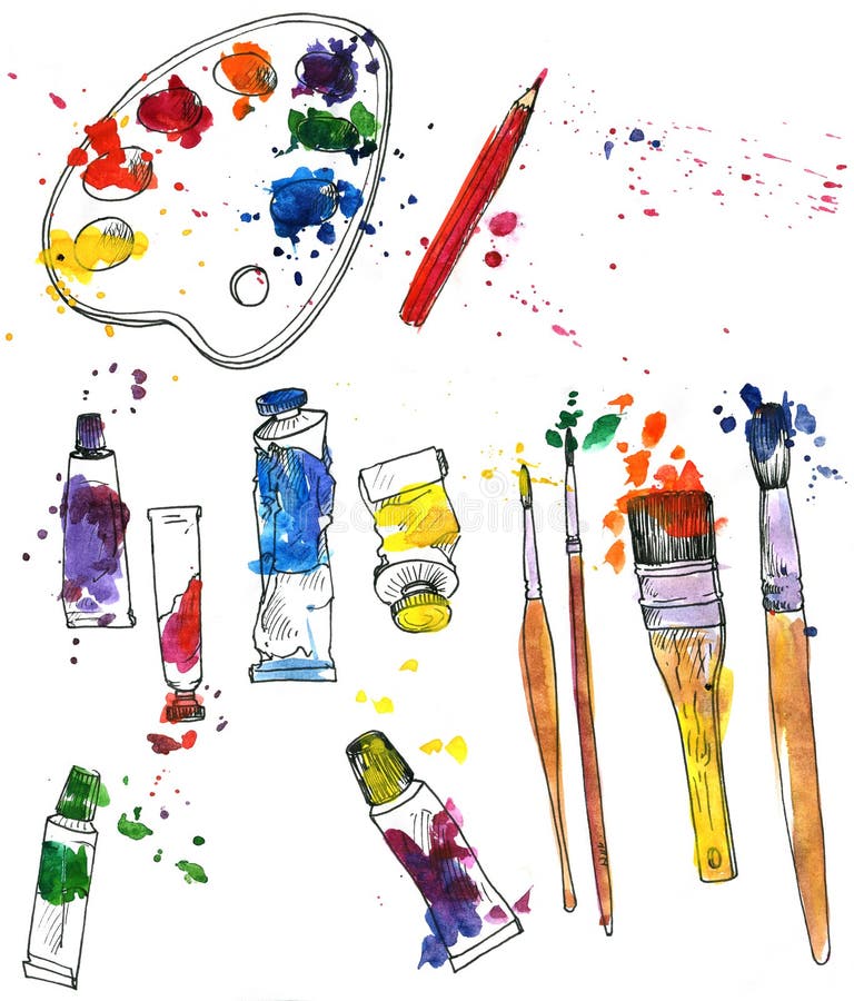 Art Palette With Paints And Brushes Vector Illustration Stock