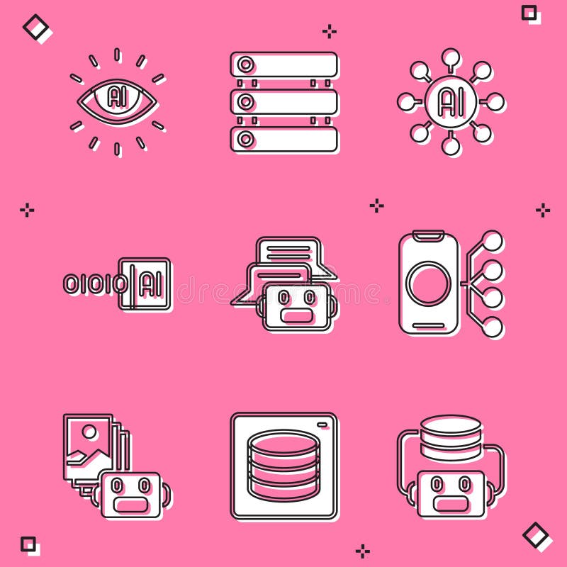 Set Artificial intelligence AI, Server, Data, Neural network, Binary code, Chat bot, robot and icon. Vector royalty free illustration