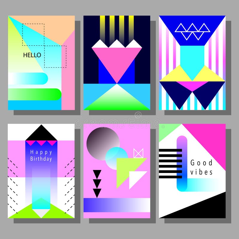Set of artistic colorful cards. Memphis trendy style. Covers with flat geometric pattern. stock illustration