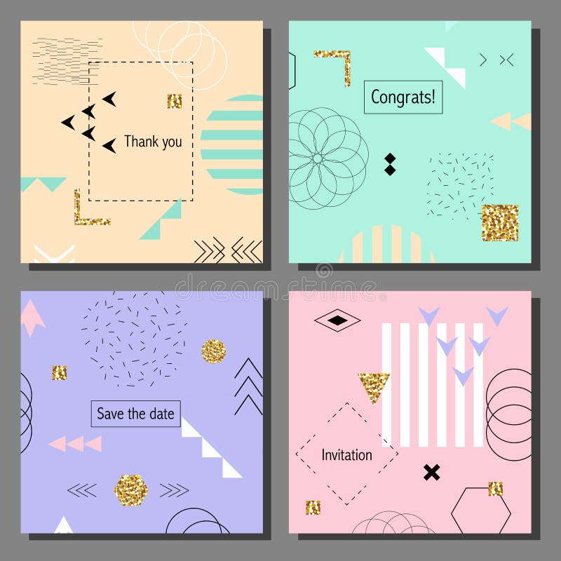 Set of artistic colorful cards. Memphis trendy style. Covers with flat geometric pattern. royalty free illustration