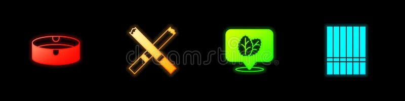 Set Ashtray, Cigarette, Tobacco leaf and icon. Vector royalty free illustration