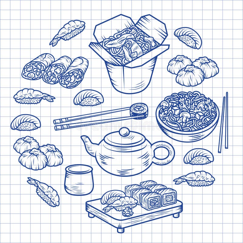 Set with Asian and Chinese cuisine icons Vector hand drawn elements stock illustration Set with Asian and Chinese cuisine icons Vector hand drawn elements stock illustration