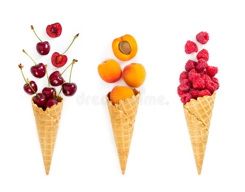Set of assorted berries and fruit in waffle ice cream cone. Concept of healthy eating. stock image Set of assorted berries and fruit in waffle ice cream cone. Concept of healthy eating. stock image