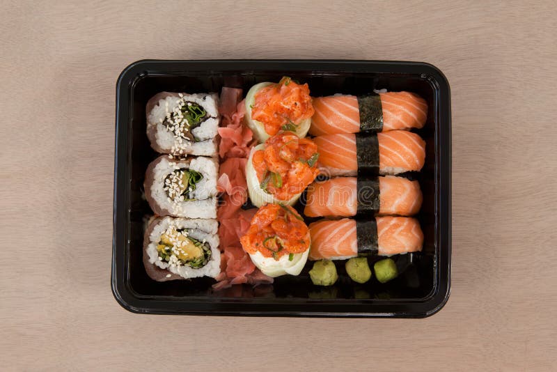 Set of Assorted Sushi Kept in a Black Box Stock Photo Image of