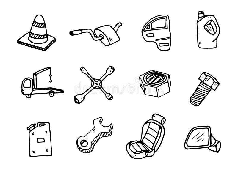 Set of auto spare parts. Car recyclers and scarp breaker icons in hand drawn style. Vector illustration EPS10.