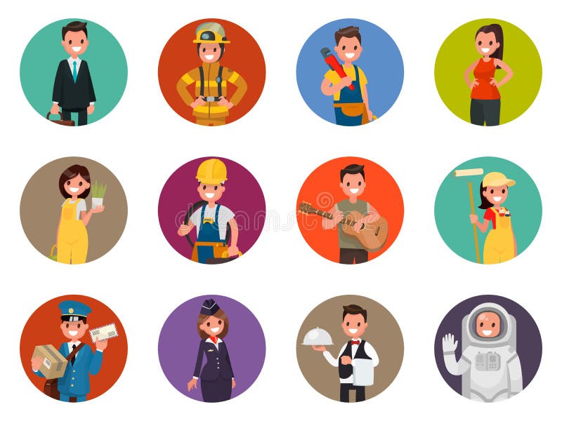 Set avatars characters of different professions: firefighter, as stock illustration