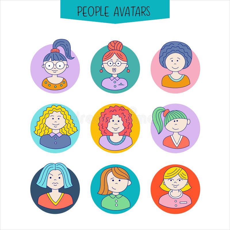 Set avatars dziewczyn różne fryzury Pociągany ręcznie ilustracji Set avatars dziewczyn różne fryzury Pociągany ręcznie ilustracji