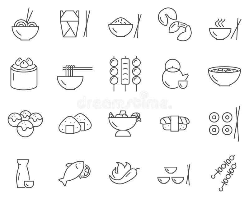 Set azjatykcie jedzenie linii wektoru ikony ilustracji Set azjatykcie jedzenie linii wektoru ikony ilustracji