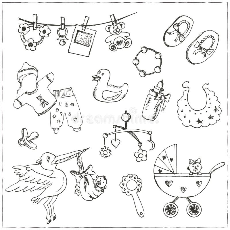 Set of Baby Born Drawings. Sketches. Hand-drawing Stock Illustration ...