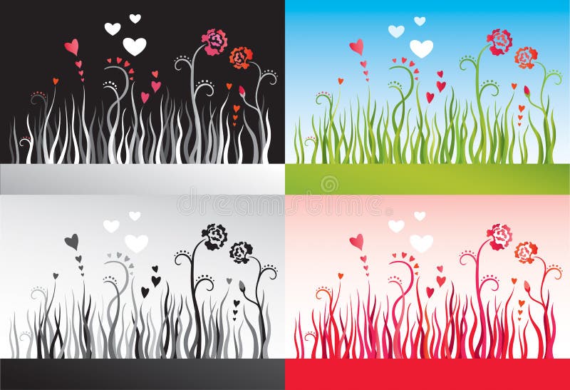 Set of backgrounds with grass, flowers and hearts