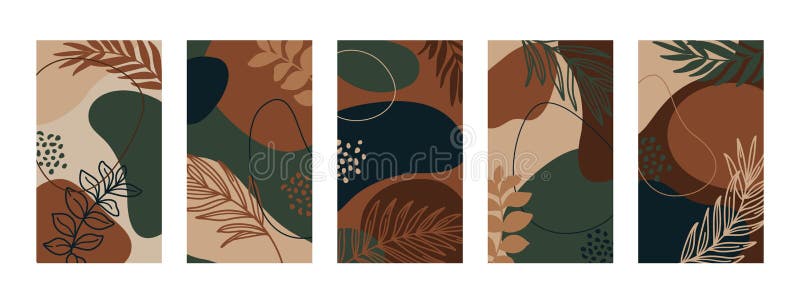 Set Backgrounds with palm leaves and different shapes. Abstract Mobile Wallpapers in minimal liner style. Vector royalty free illustration