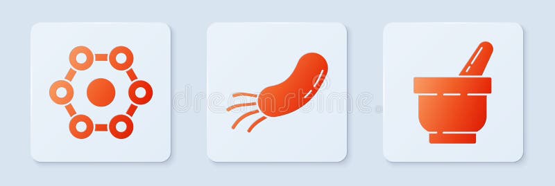 Set Bacteria, Chemical Formula and Mortar and Pestle. White Square