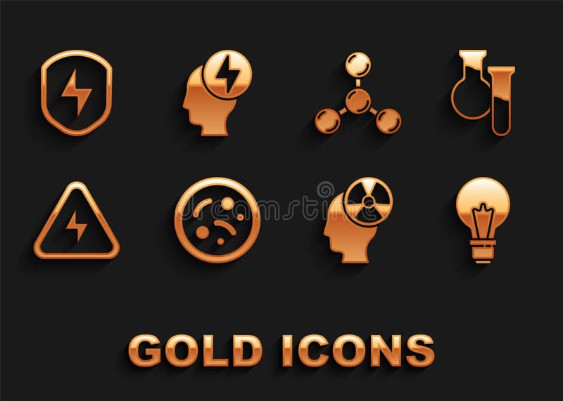 Set Bacteria, Test tube and flask, Light bulb with concept of idea, Head radiation symbol, High voltage, Molecule vector illustration