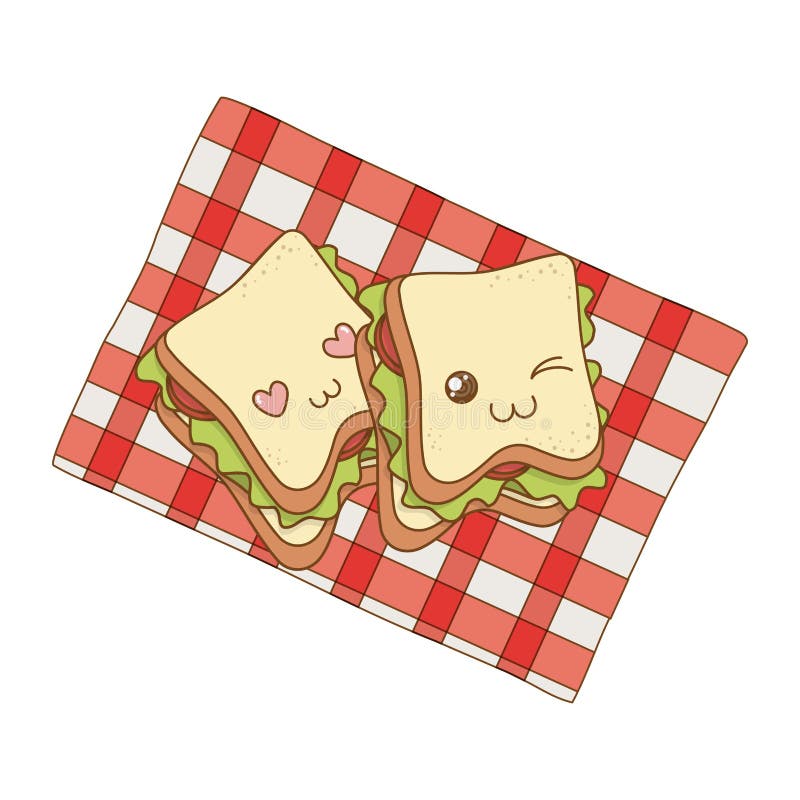 Set of bakery food kawaii in picnic tablecloth