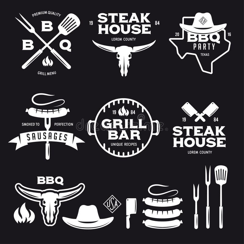 Set of barbecue steak house grill bar labels badges emblems and design elements. Vector vintage illustration. royalty free illustration Set of barbecue steak house grill bar labels badges emblems and design elements. Vector vintage illustration. royalty free illustration