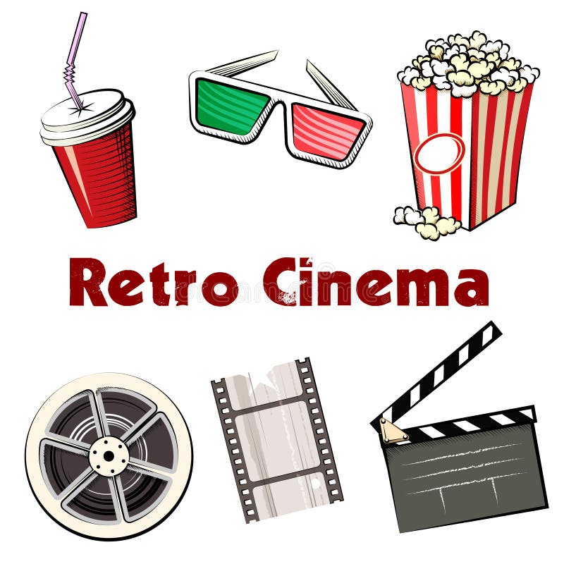 Set barwione Retro Kinowe ikony ilustracji Set barwione Retro Kinowe ikony ilustracji