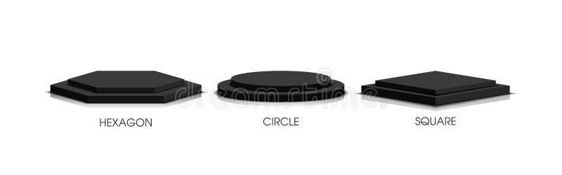 Set of base black Hexagon, Circle, Square. Collections of podiums stand isolated on white background. Stage empty for decor product, advertising, show, contest, award, winner. Vector illustration.