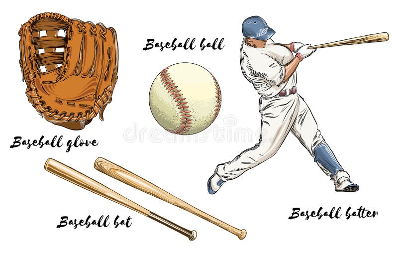 Set baseball w kolorze pojedynczy bia?e t?o Poci?gany r?cznie elementy tak jak gracz baseballa, r?kawiczka, nietoperz i pi?ka, ilustracji Set baseball w kolorze pojedynczy bia?e t?o Poci?gany r?cznie elementy tak jak gracz baseballa, r?kawiczka, nietoperz i pi?ka, ilustracji