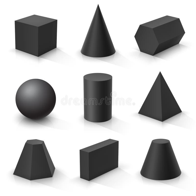 Set Of Basic 3d Shapes Black Geometric Solids On A White Background