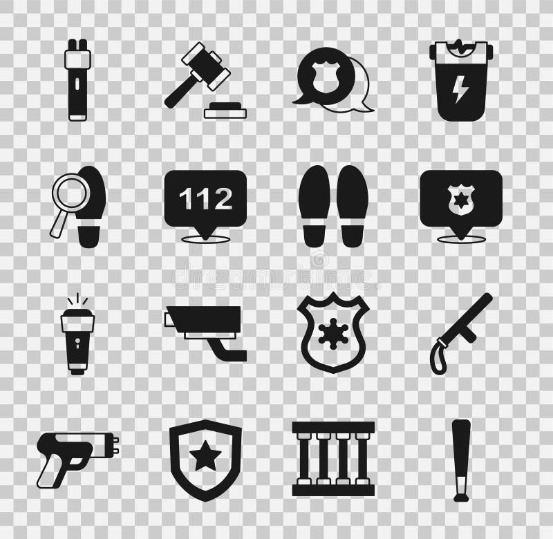 Set bat de baseball bat de poliție de cauciuc baton insigna apel telefonic 112 pași electrificare și pictogramă. vector stock illustration