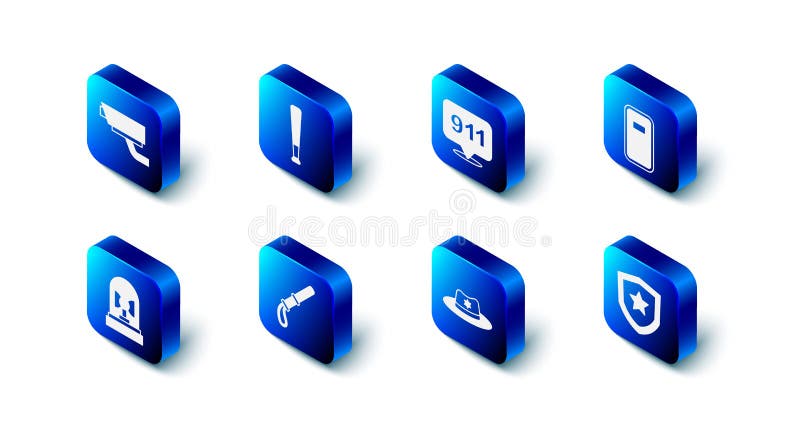 Set bat de baseball telefon apel poliție 911 insigna polițist scut de asalt șerif pălărie cu baton de cauciuc sirena Sirena și stock illustration