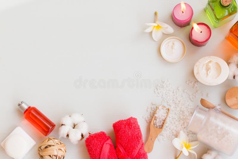 Set of bathroom accessory. Natural soaps, bath salt, sponges, lotions and cream. Top view.