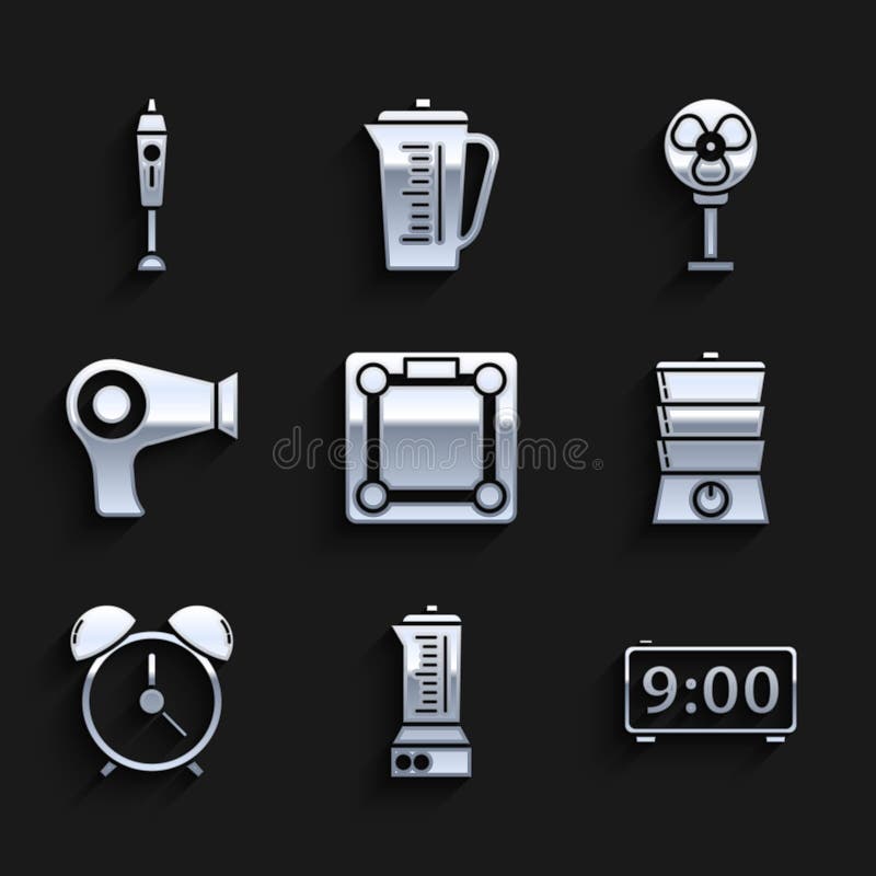 Set Bathroom scales, Blender, Digital alarm clock, Double boiler, Alarm, Hair dryer, Electric fan and icon. Vector