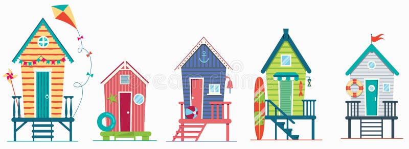 Set of beach houses. Huts and bungalow collection. Marine buildings on sea beach. Flat illustration isolated on white