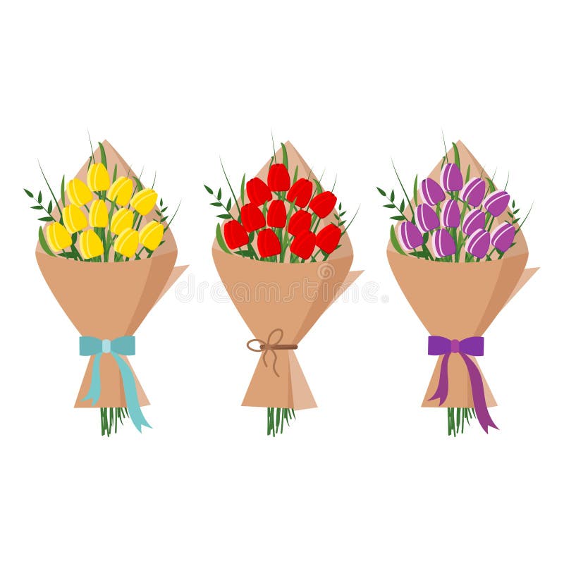 Download Set Of Beautiful Bouquet Of Yellow Red Purple Tulips In Kraft Paper Packaging Isolated On White Background Cartoon Style Flat Stock Vector Illustration Of Blossom Packaging 152218914 Yellowimages Mockups