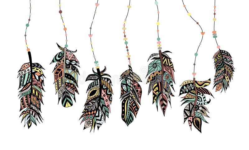 Set of beautiful colored injun tribal feathers with beads a vector illustration.