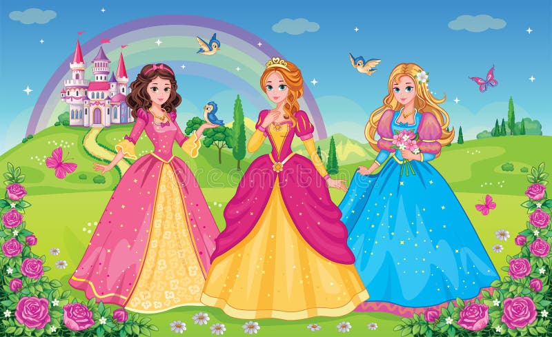 Set  beautiful elf princesses. Children`s background with castle, rainbow and fabulous flower meadow. Wallpaper for girl. Vector.