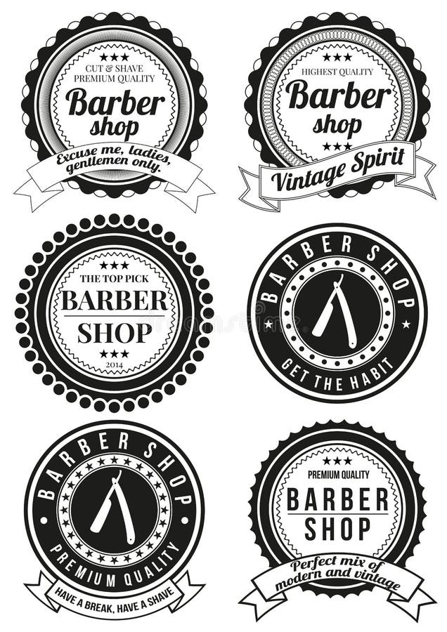 Set Beautiful Round Vintage Barber Shop Badges Stock