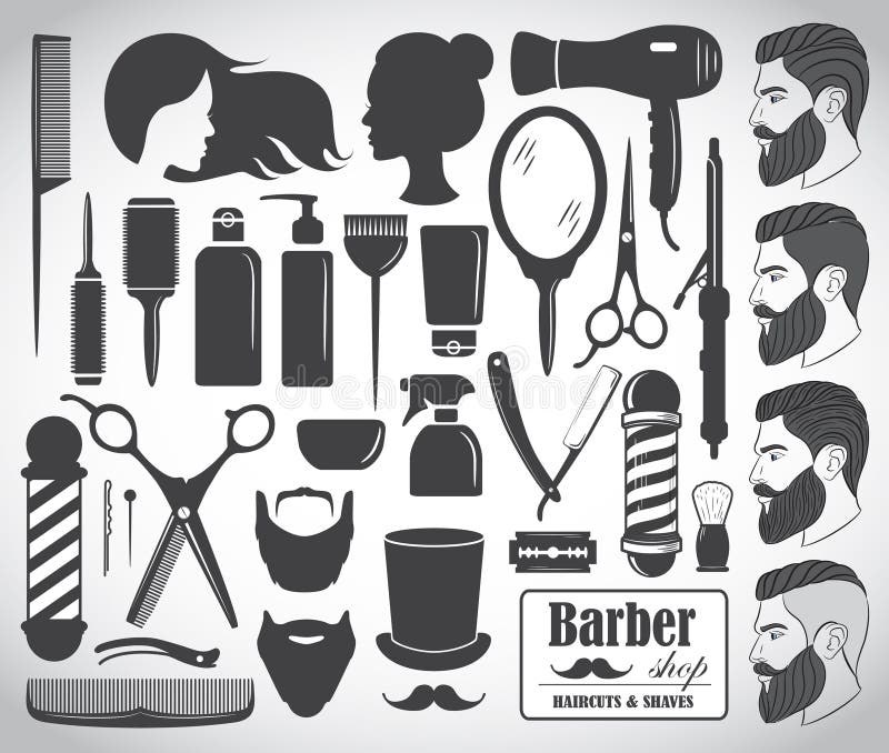 Barber shop collection. Drawing accessories for beauty haircut